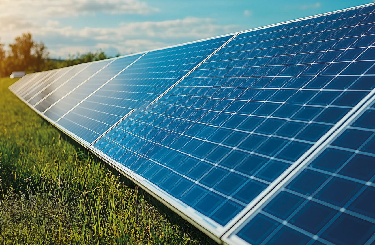 solar panel array is installed in a grassy field. The panels are